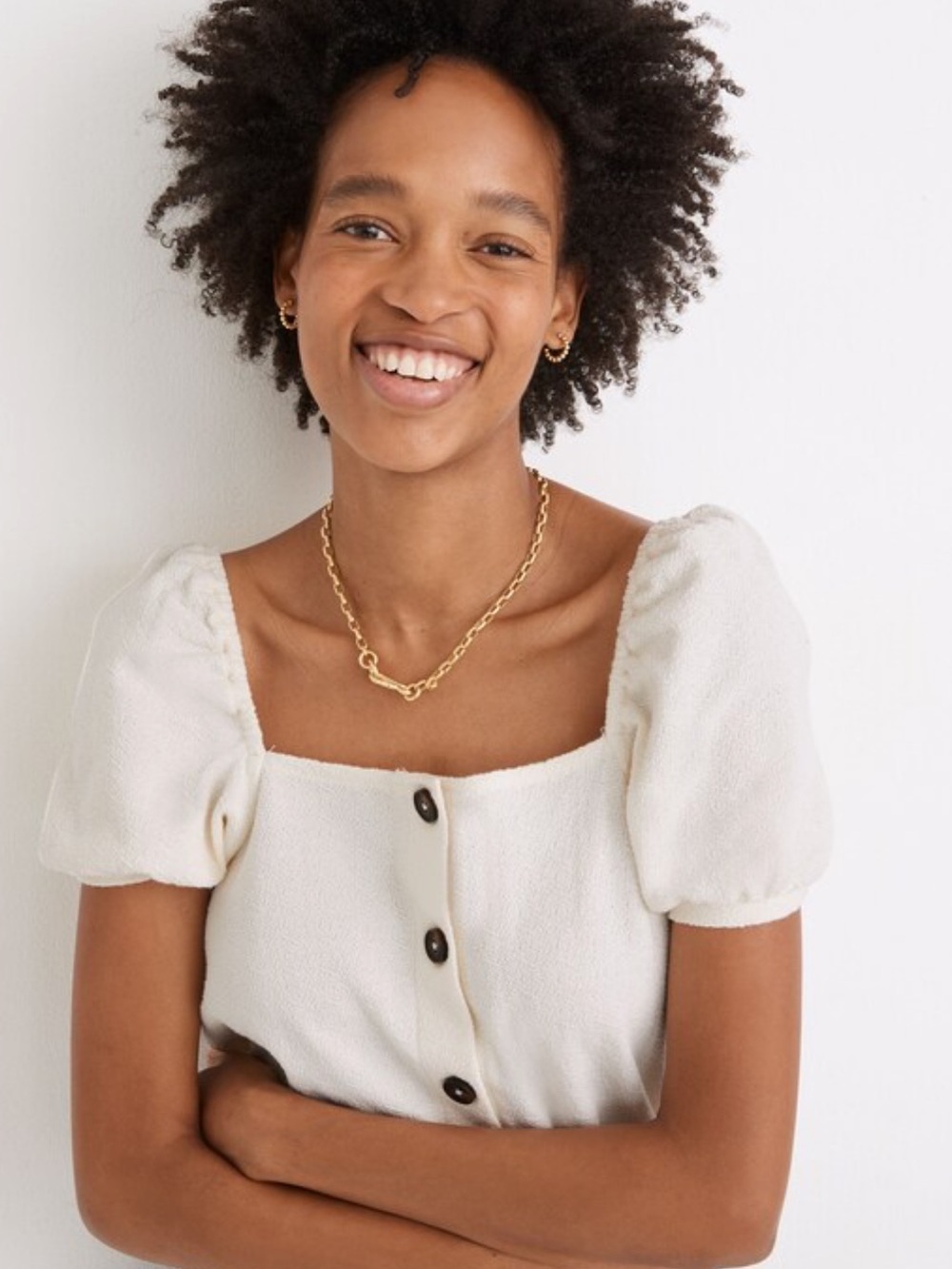 Madewell Jacquard Square Neck Button Front Puff Sleeve Top Shirt Size Small